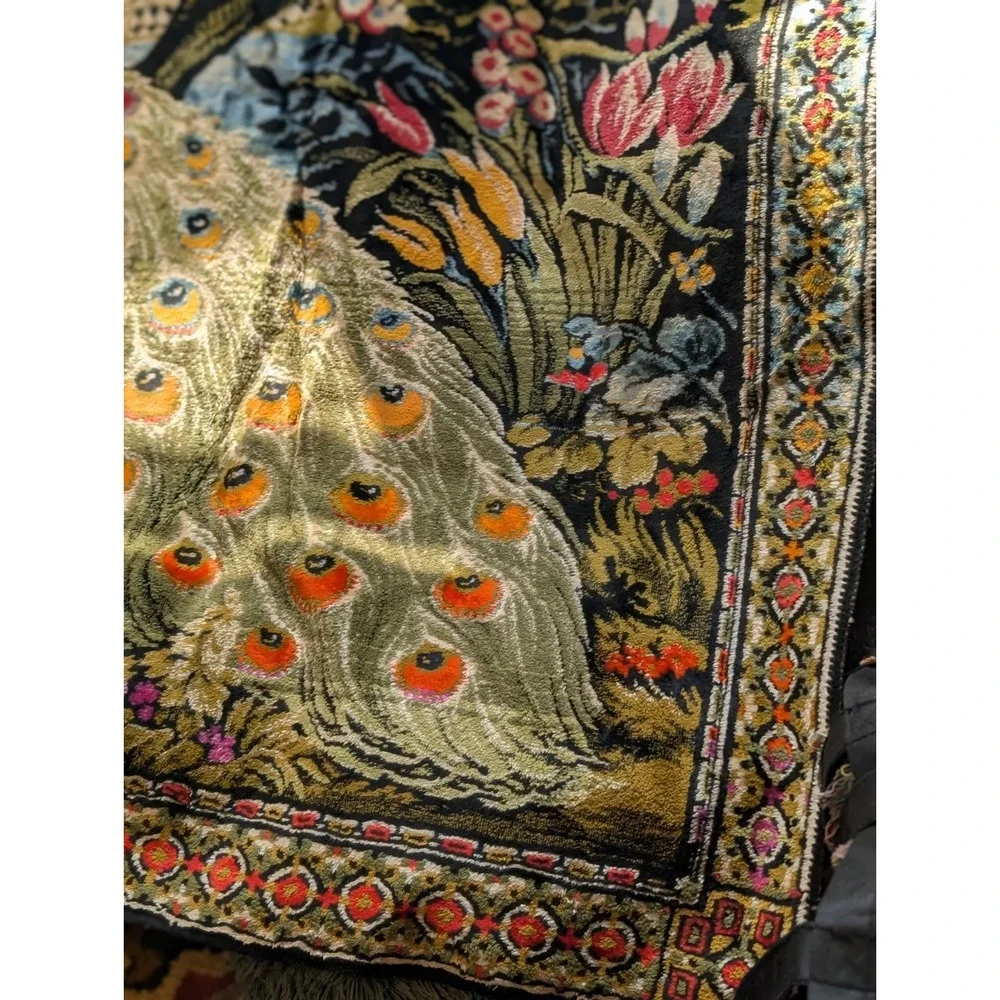 Velvet Peacock Tapestry Large 6x4 Wall Hanging Fringe Boho Cottagecore Vintage